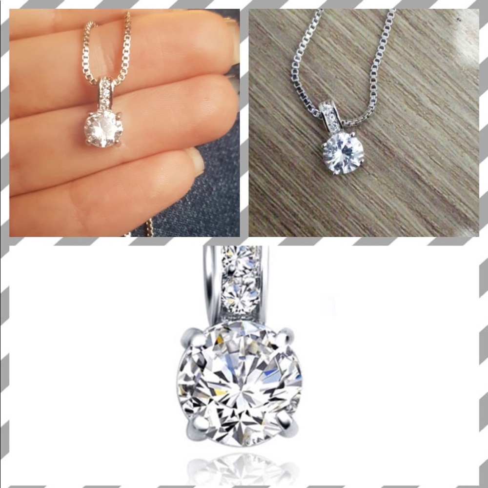 Crystal pendant necklace sparkle silver tone 18”